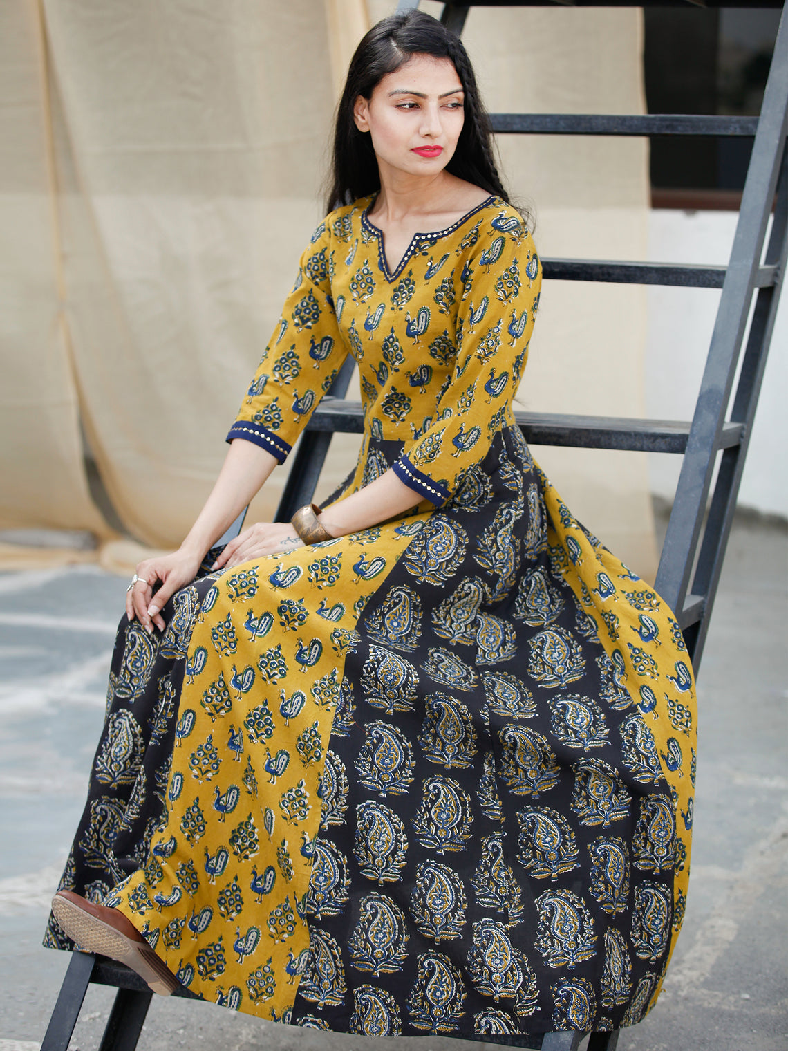 Classic Peacock - Hand Block Printed Long Cotton Sequence Work Dress ...