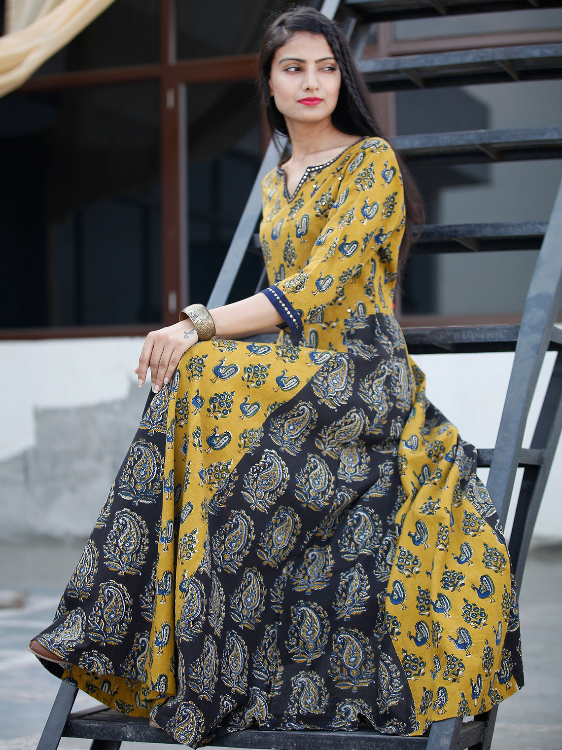 Classic Peacock - Hand Block Printed Long Cotton Sequence Work Dress ...