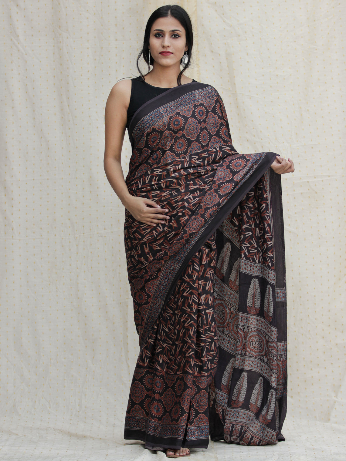 Ajrakh Hand Block Printed Modal Silk Saree at InduBindu