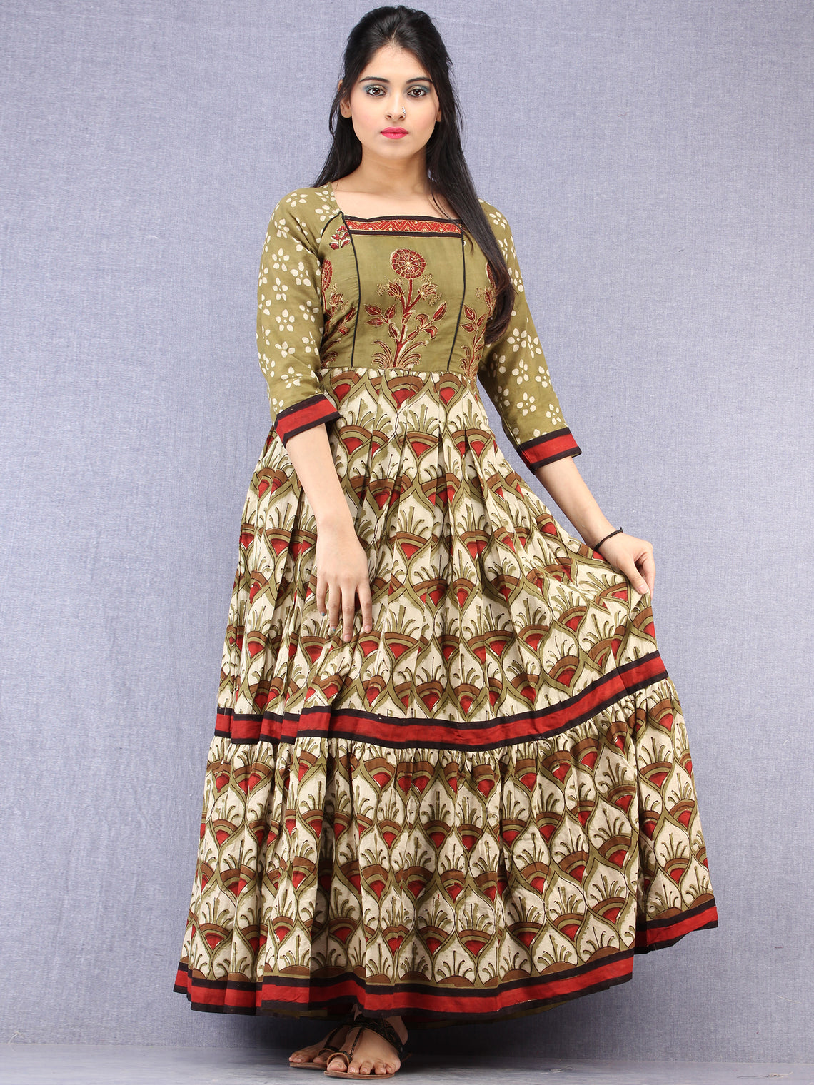 Naaz Mahreen - Hand Block Mughal Printed Long Cotton Embroidered Dress ...