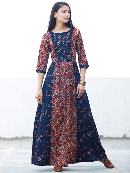 Block Sequence - Hand Block Printed Long Cotton Dress With Embroidery ...