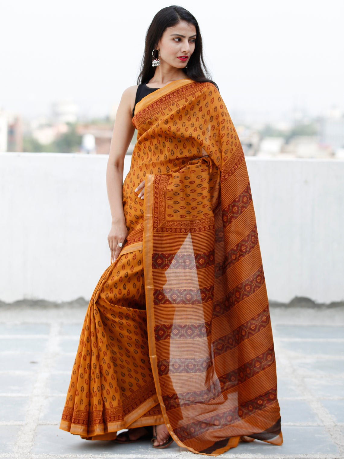 Rust Orange Maroon Black Bagh Hand Block Printed Maheswari Silk Saree ...