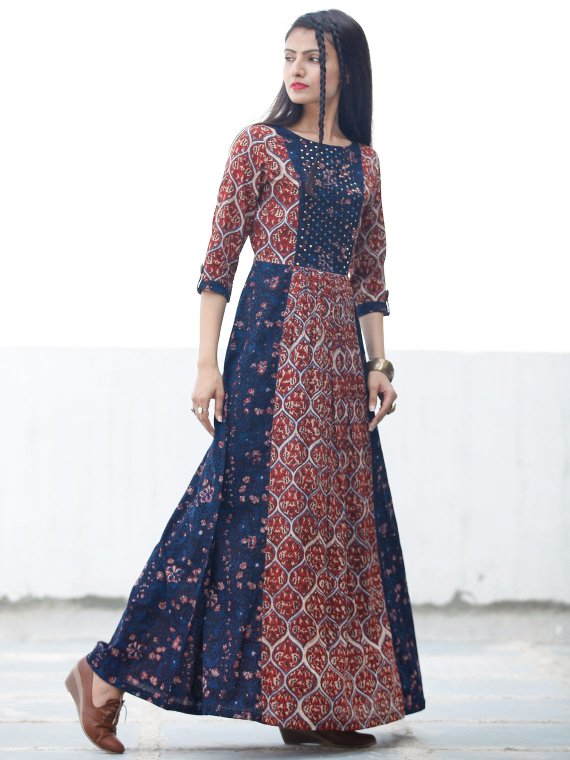 Block Sequence - Hand Block Printed Long Cotton Dress With Embroidery ...