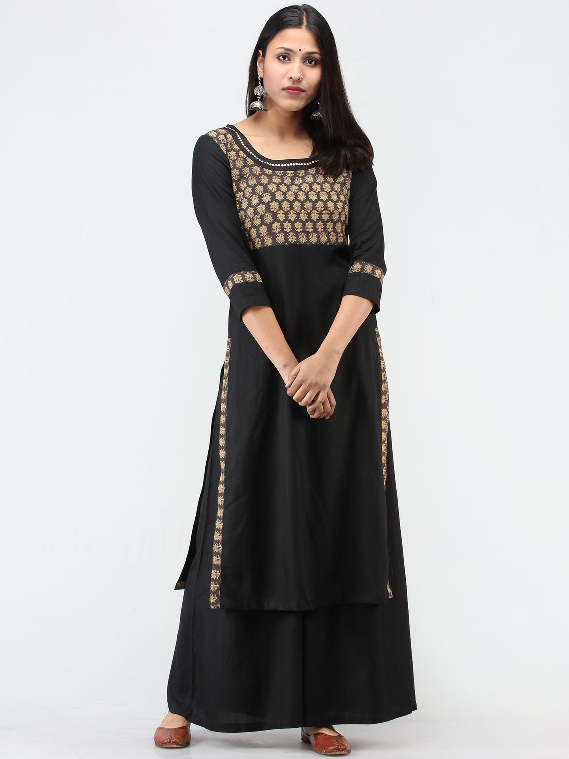 Black Brown Ajrakh Hand Block Printed Cotton Kurta With Sequence Work ...