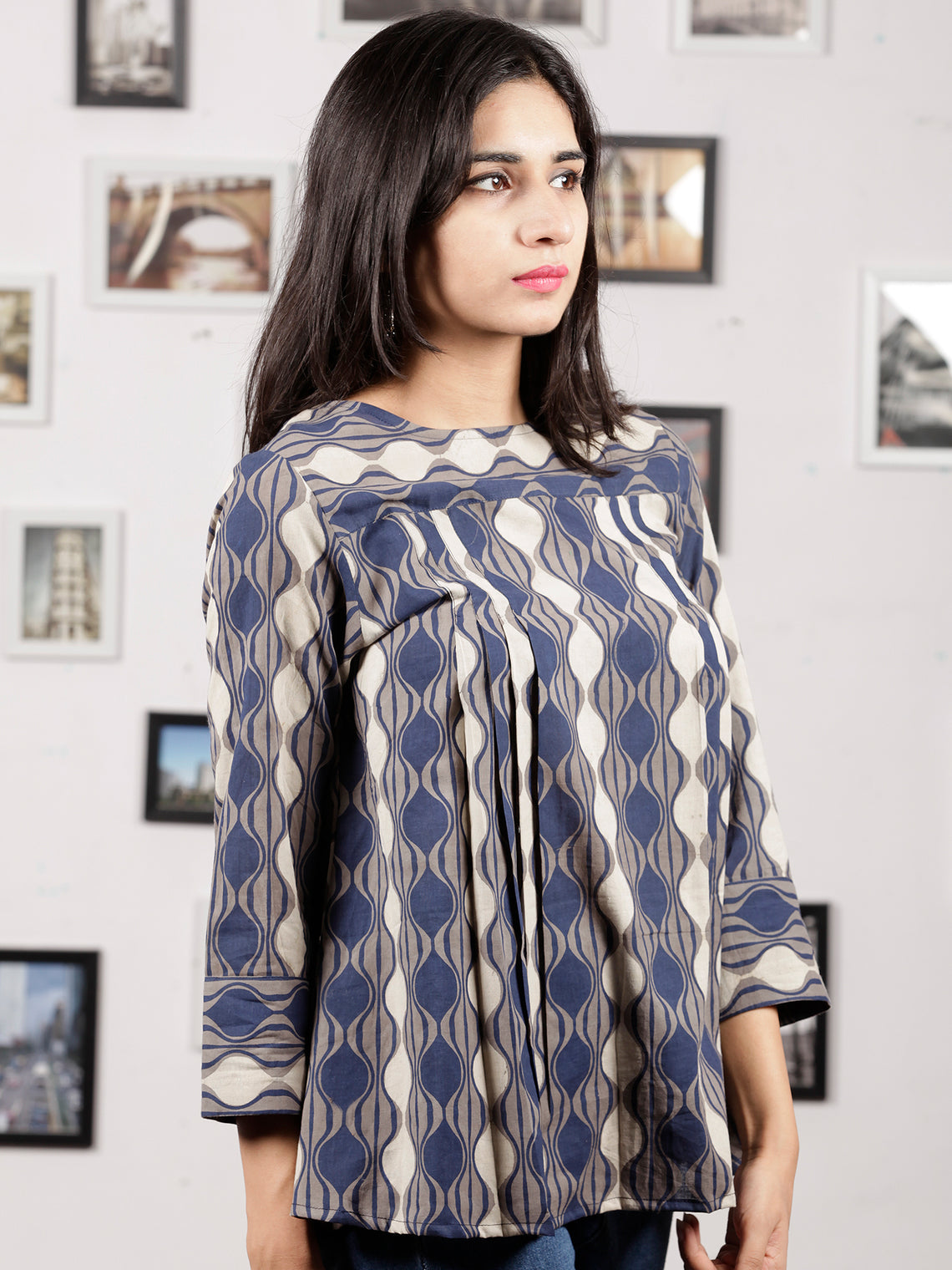 Indigo Grey White Hand Block Printed Cotton Top - T34F871 – InduBindu