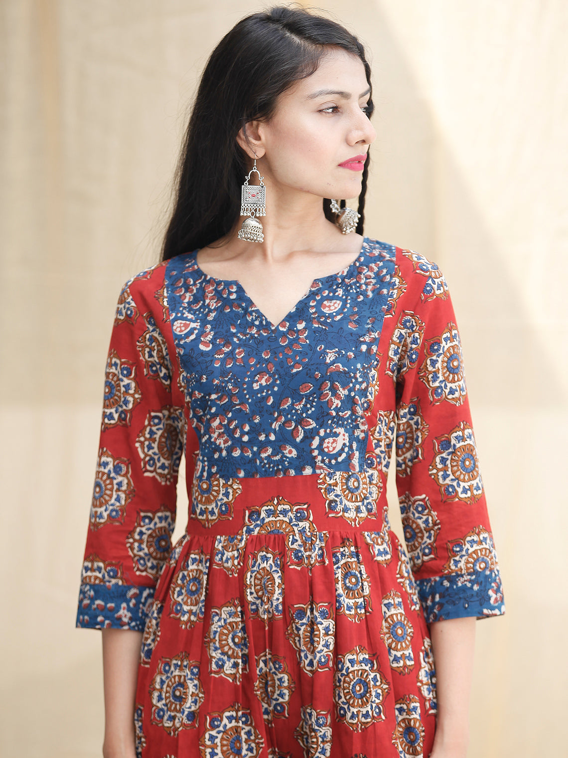 Indigo Red - Hand Block Printed Cotton Long Dress With Pockets ...