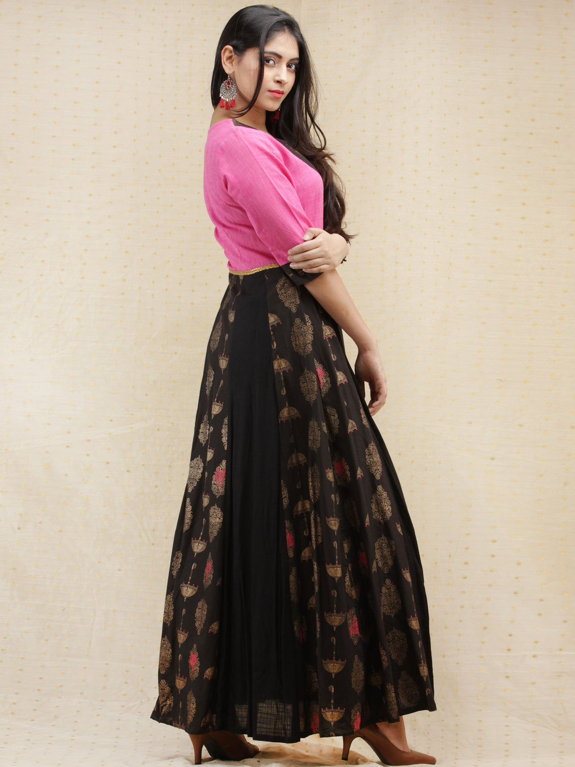 Shahnoor - Black Gold Printed Long Kali Dress - D379FXXx – InduBindu