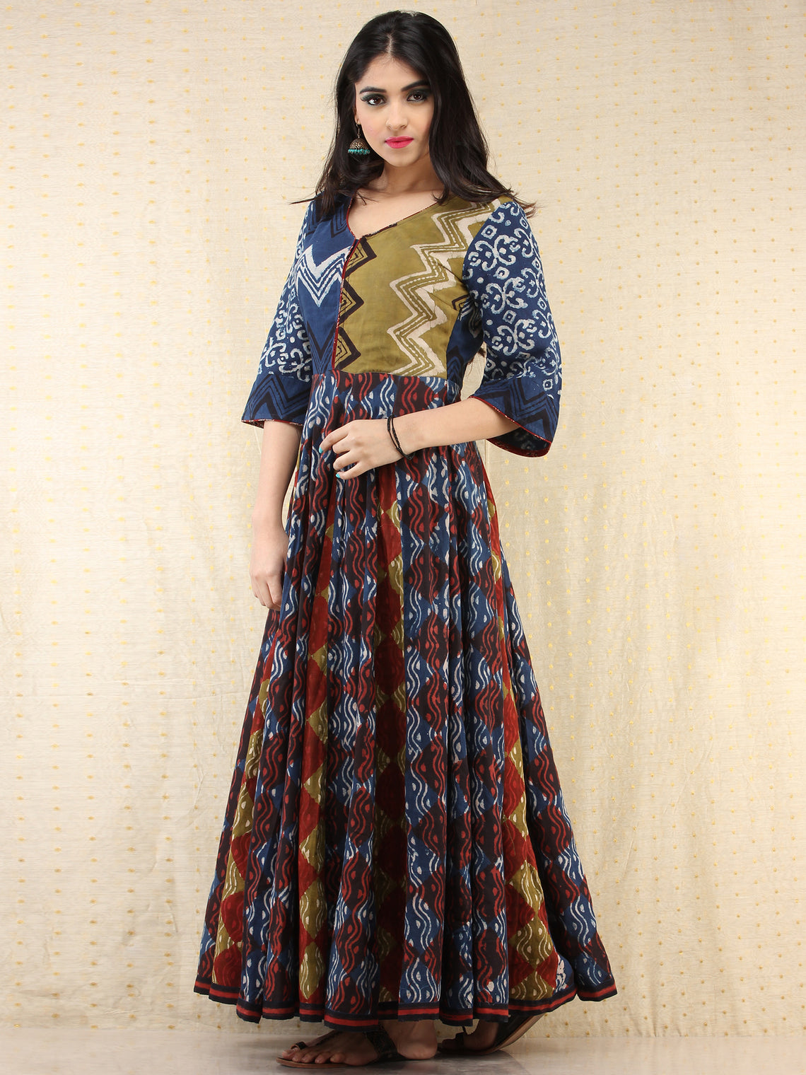 Naaz Mannat - Hand Block Printed Long Cotton Panel Dress - DS87F001 ...