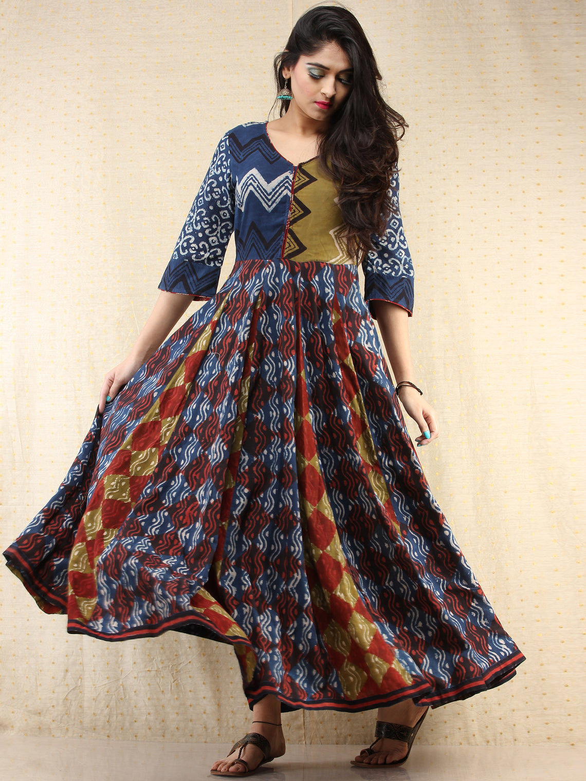 Naaz Mannat - Hand Block Printed Long Cotton Panel Dress - DS87F001 ...