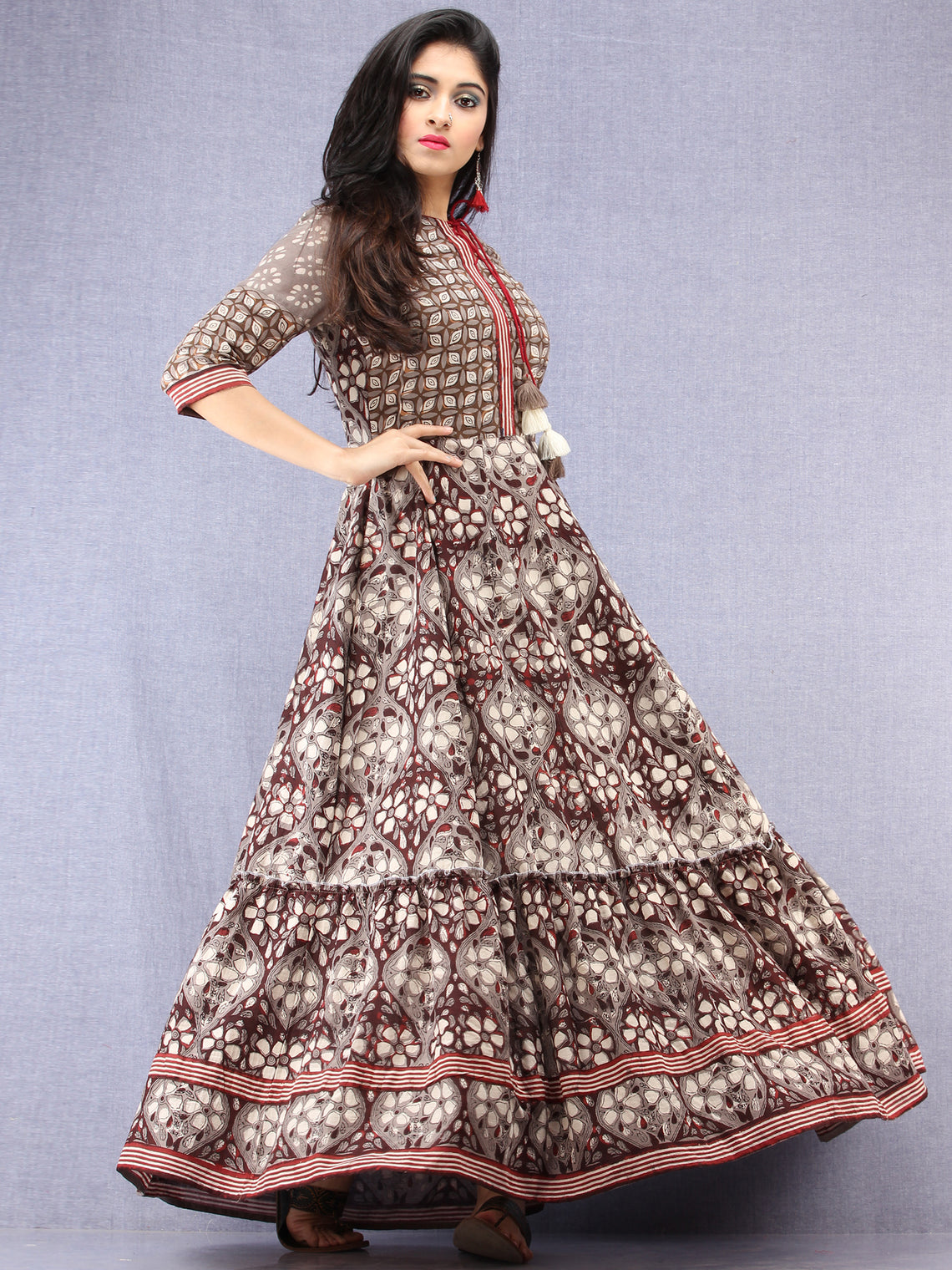 Naaz Sadaf - Hand Block Mughal Printed Long Cotton Dress - DS103F001 ...