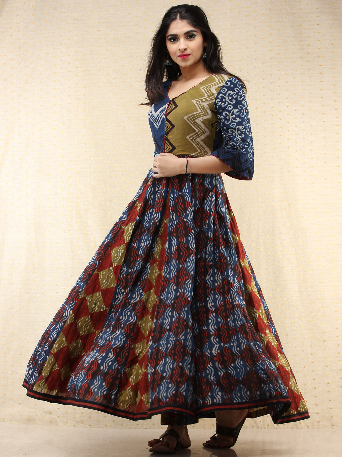 Naaz Mannat - Hand Block Printed Long Cotton Panel Dress - DS87F001 ...