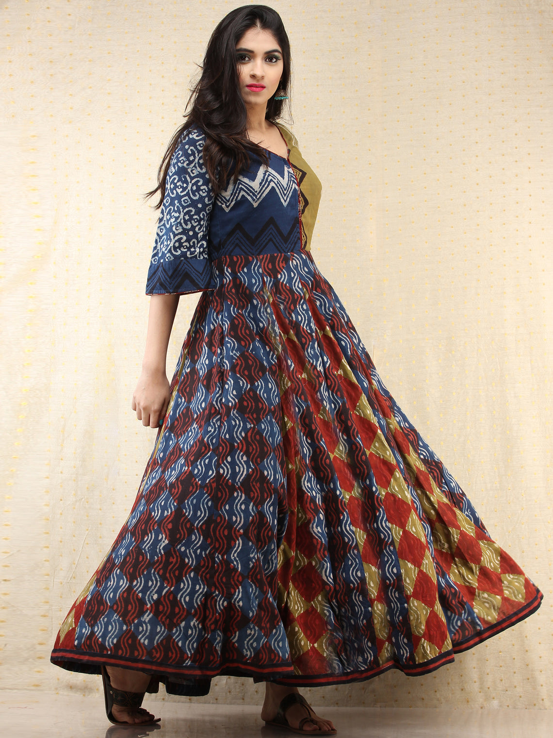 Naaz Mannat - Hand Block Printed Long Cotton Panel Dress - DS87F001 ...