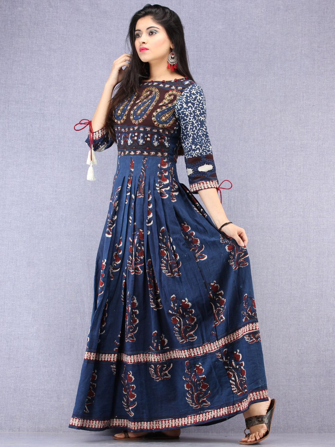 Naaz Tirana - Hand Block Mughal Printed Long Cotton Embroidered Dress ...