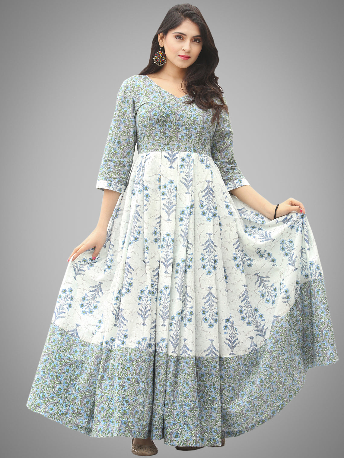 Saima - Grey Ivory Blue Block Printed Box Pleated Long Dress - D398F20 ...