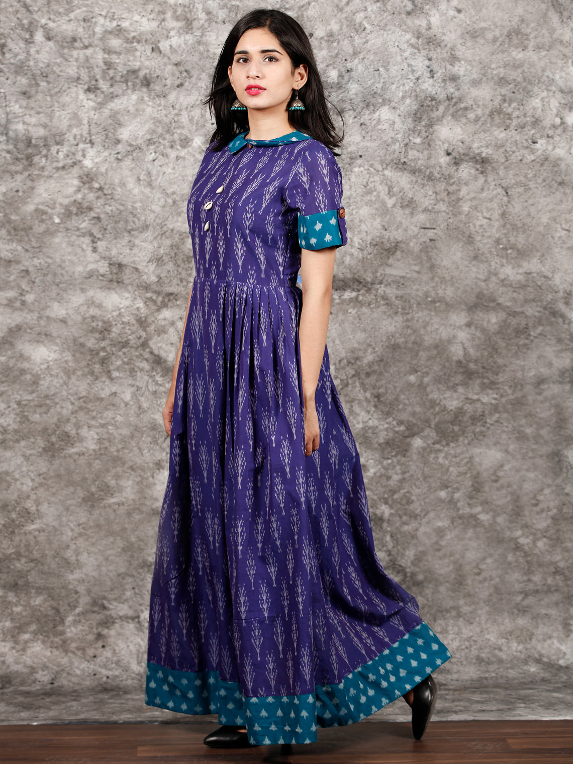 Purple Teal Blue Ivory Handloom Mercerised Ikat Long Cotton Dress With ...