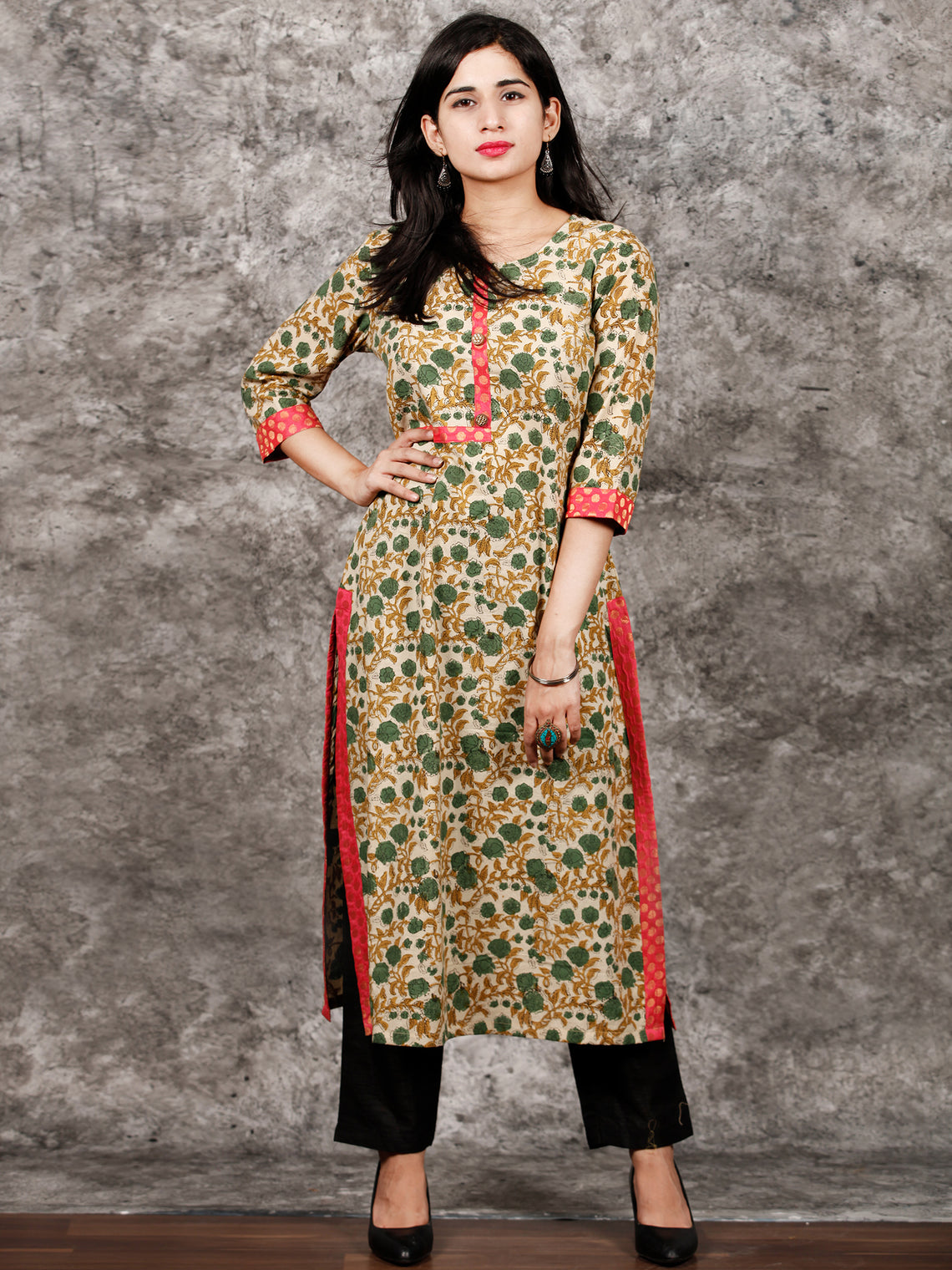 Beige Green Brown Hand Block Printed Kurta in Natural Colors - K122F13 ...