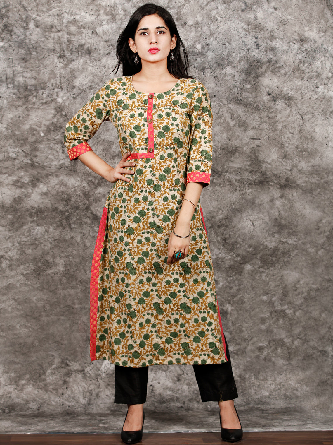 Beige Green Brown Hand Block Printed Kurta in Natural Colors - K122F13 ...