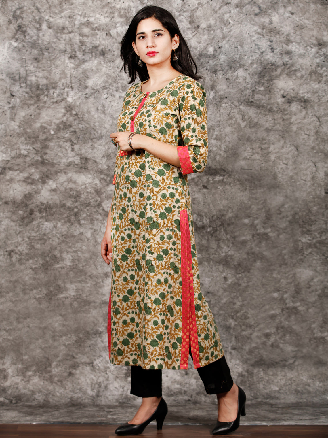 Beige Green Brown Hand Block Printed Kurta in Natural Colors - K122F13 ...