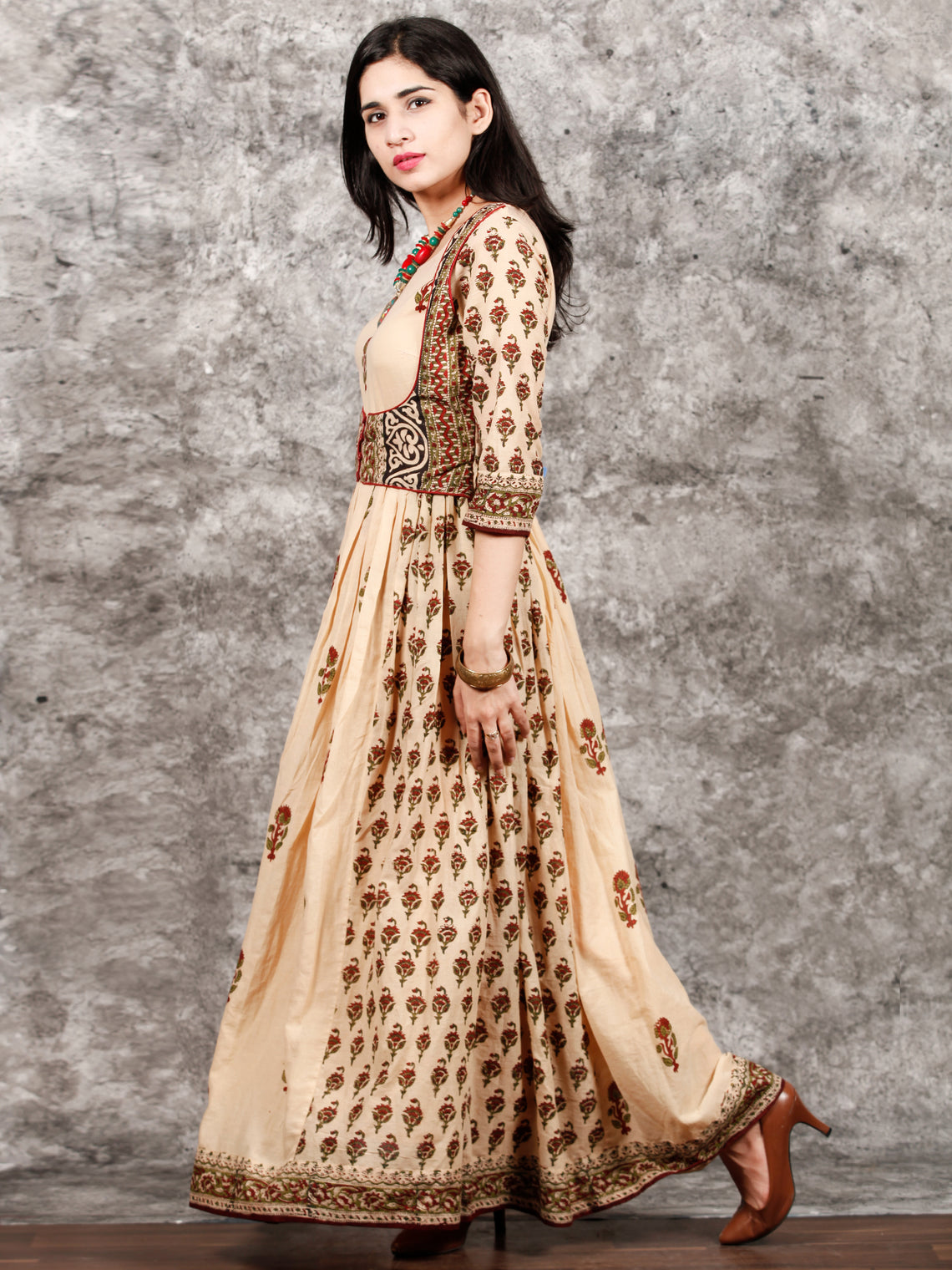 Naaz Afreen - Beige Maroon Black Hand Block Printed Long Gathers Dress ...