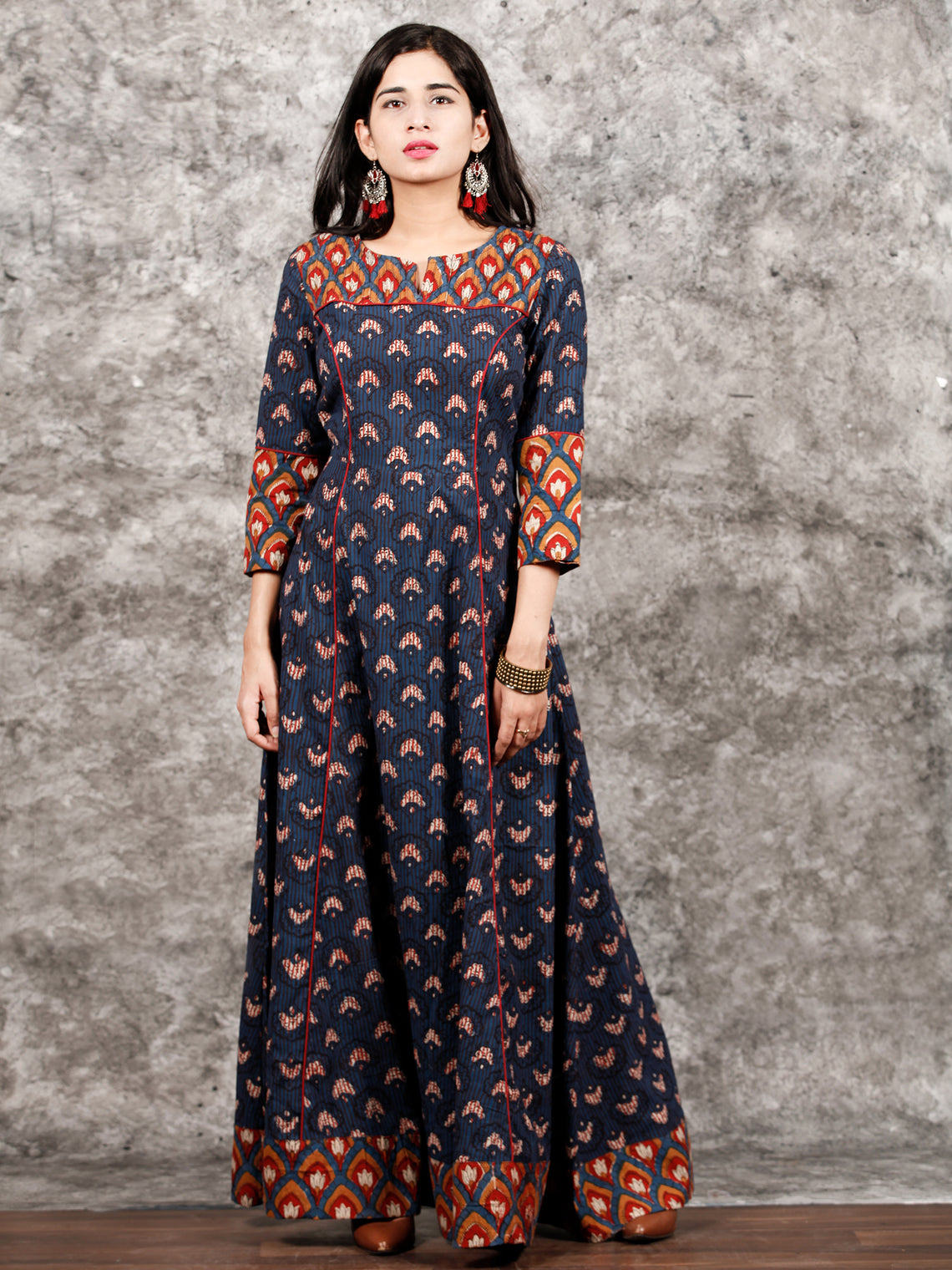 Indigo Mustard Red Hand Block Printed Long Cotton Dress With Pin tucks ...