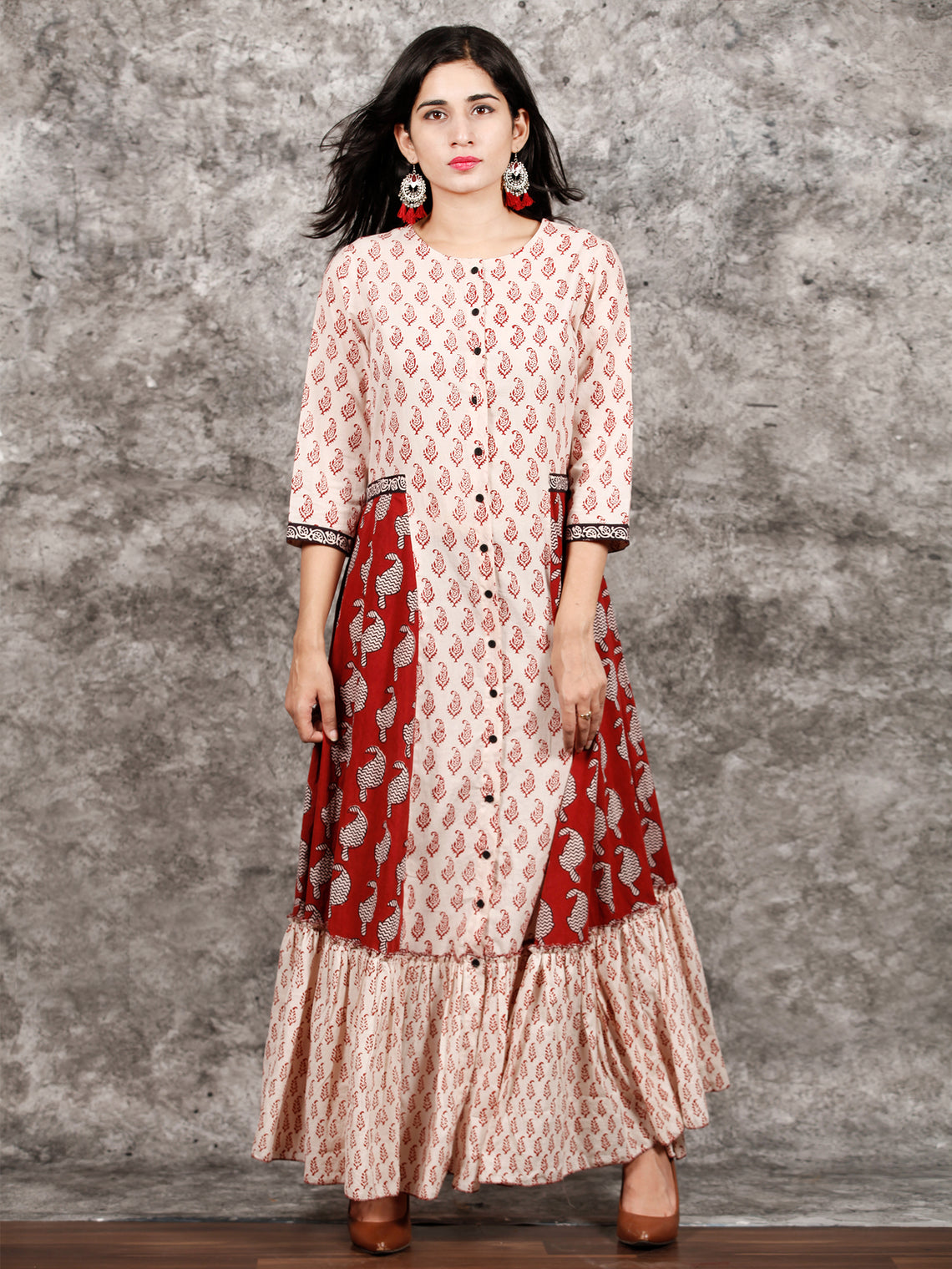 White Red Black Bagh Printed Panelled Cotton Long Dress With Front Ope ...