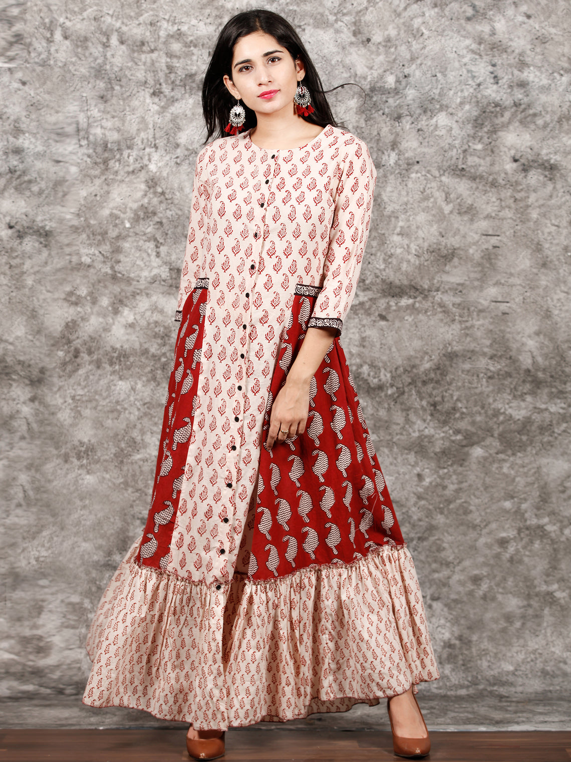 White Red Black Bagh Printed Panelled Cotton Long Dress With Front Ope ...