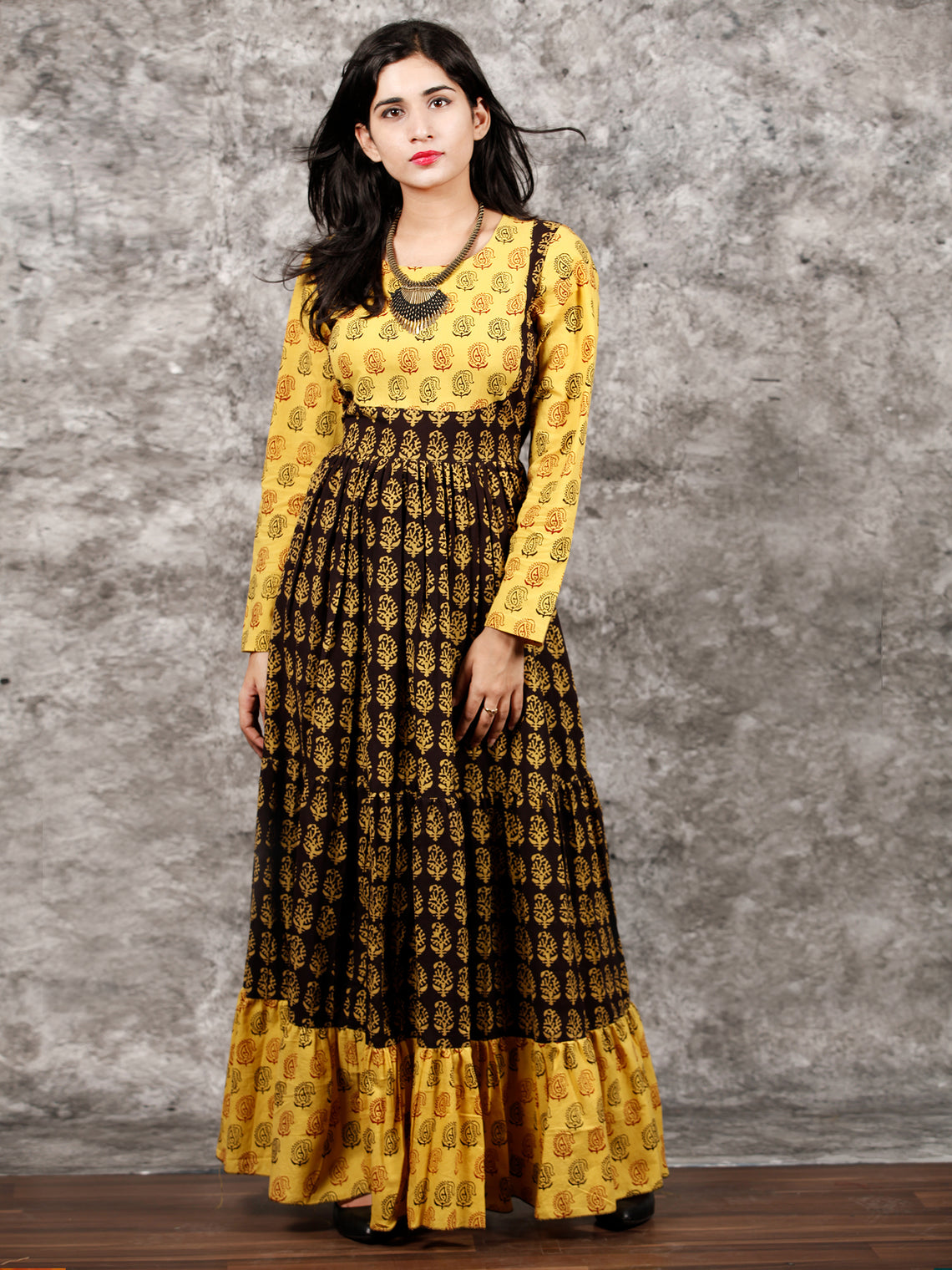Yellow Black Maroon Bagh Printed Cotton Long Tier Dress - D135F1701 ...