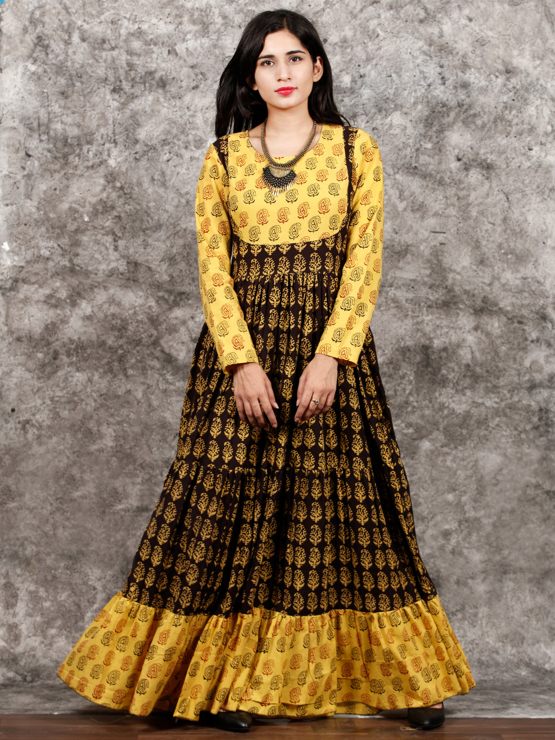 Yellow Black Maroon Bagh Printed Cotton Long Tier Dress - D135F1701 ...