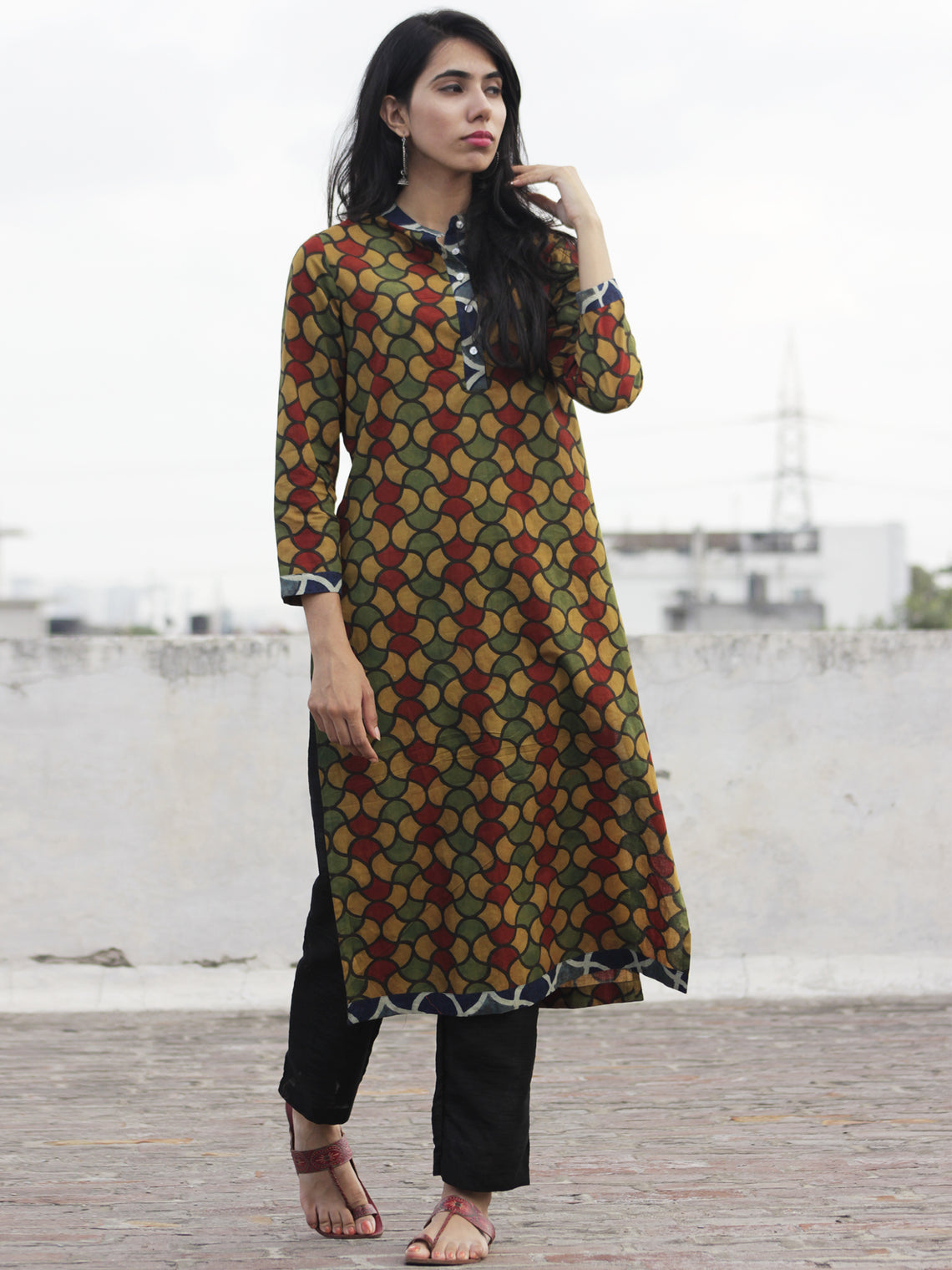 Olive Rust Green Indigo Ajrakh Block Printed Kurta With Stand Collar A ...