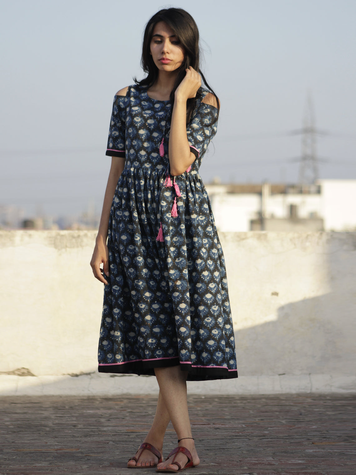 Indigo Black Ivory Pink Hand Block Printed Dress With Cold Shoulders A ...