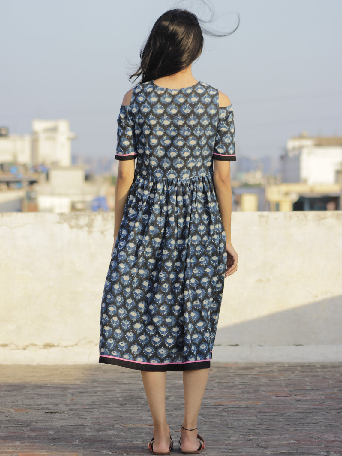 Indigo Black Ivory Pink Hand Block Printed Dress With Cold Shoulders A ...