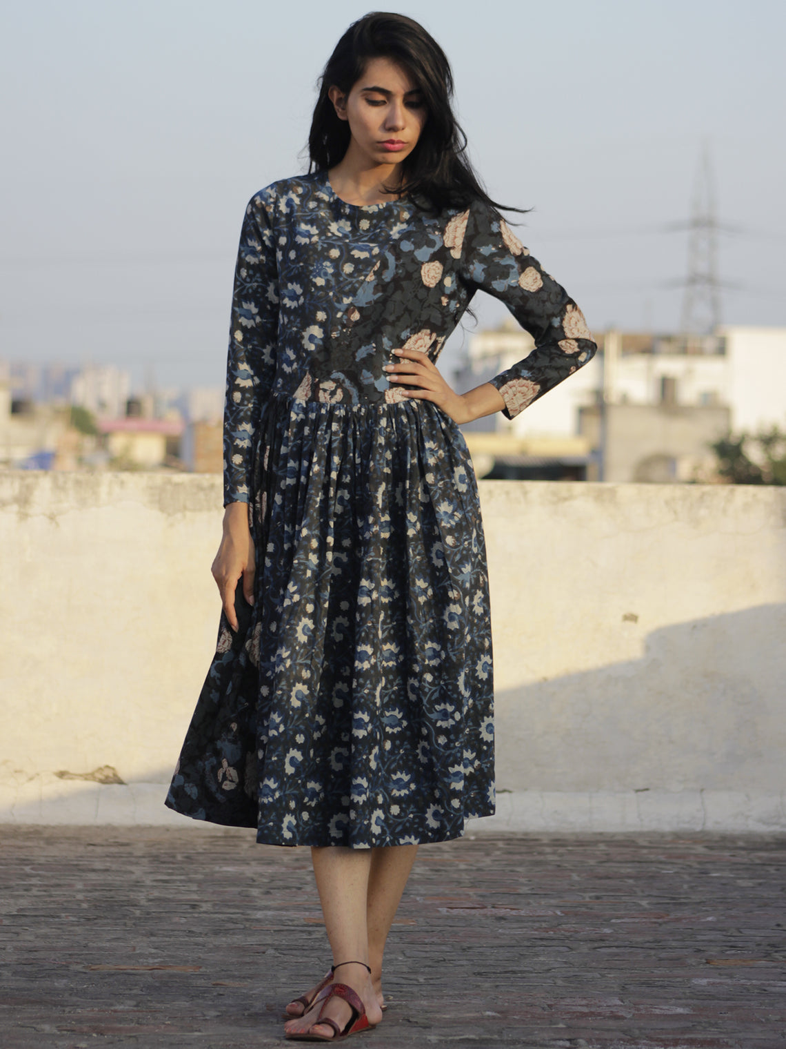 Indigo Black Ivory Brown Light Blue Hand Block Printed Cotton Midi Dre ...