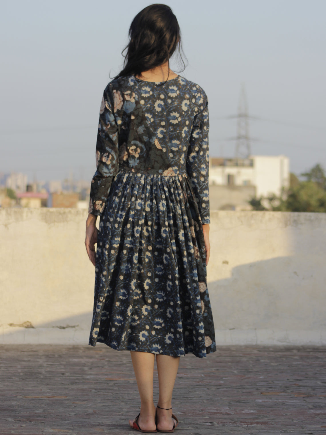 Indigo Black Ivory Brown Light Blue Hand Block Printed Cotton Midi Dre ...