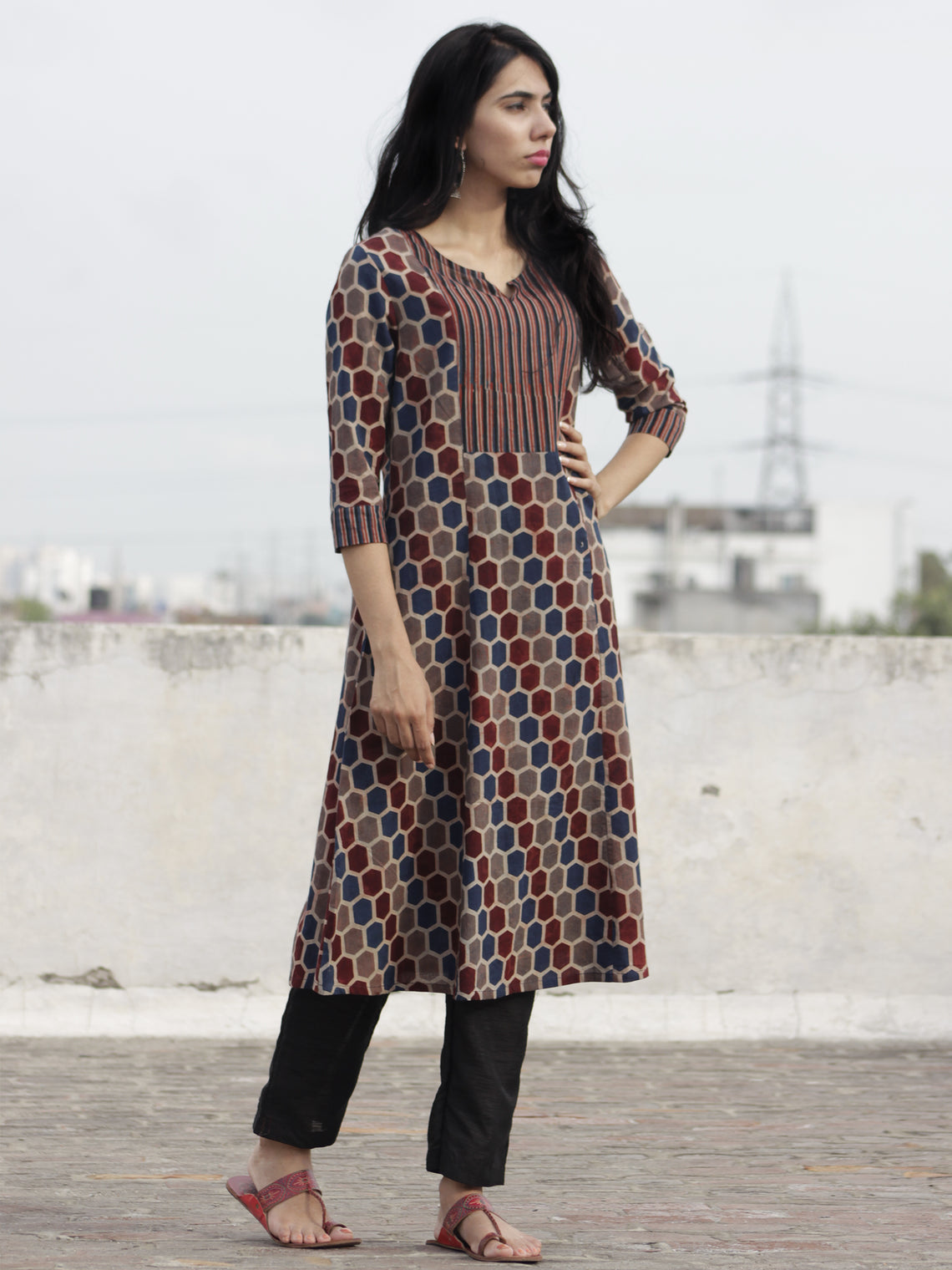 Indigo Maroon Brown Beige Ajrakh Hand Block Printed Kurta - K21f637 