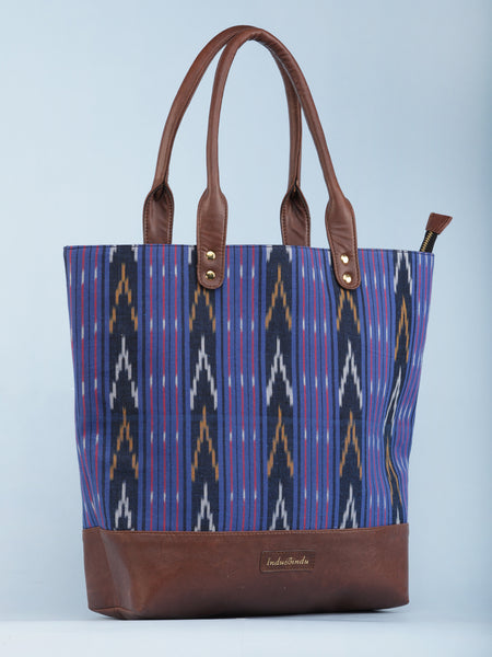 Purple Indigo Mustard Ikat & Vegan Leather Tote Bag - B1006 – InduBindu