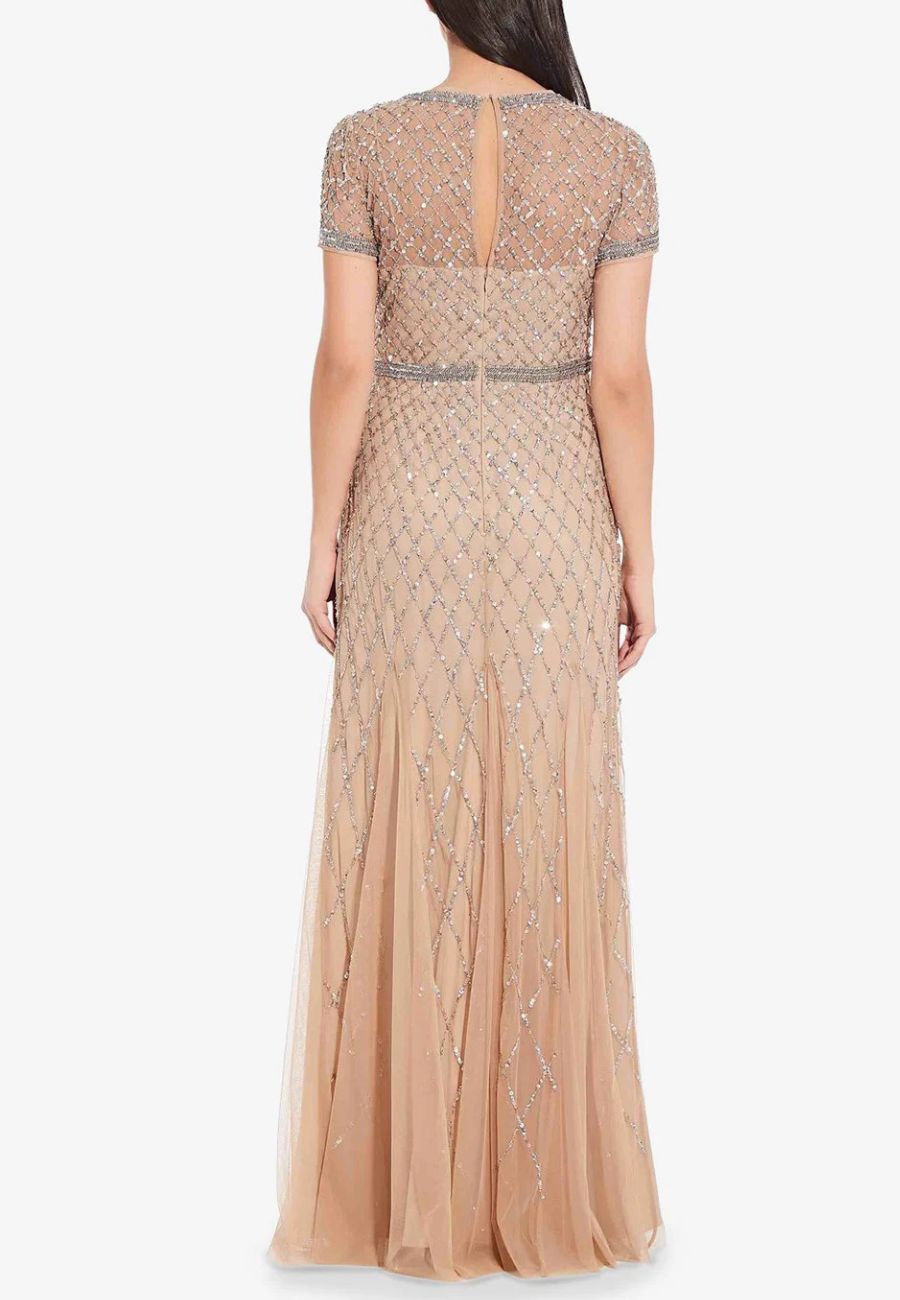 Adrianna Papell Champagne Gold Popover Mesh Midi Dress