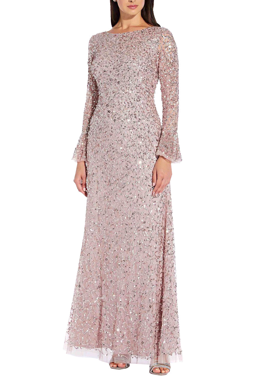 Adrianna Papell Black Allover Sequins Long Sleeves Gown