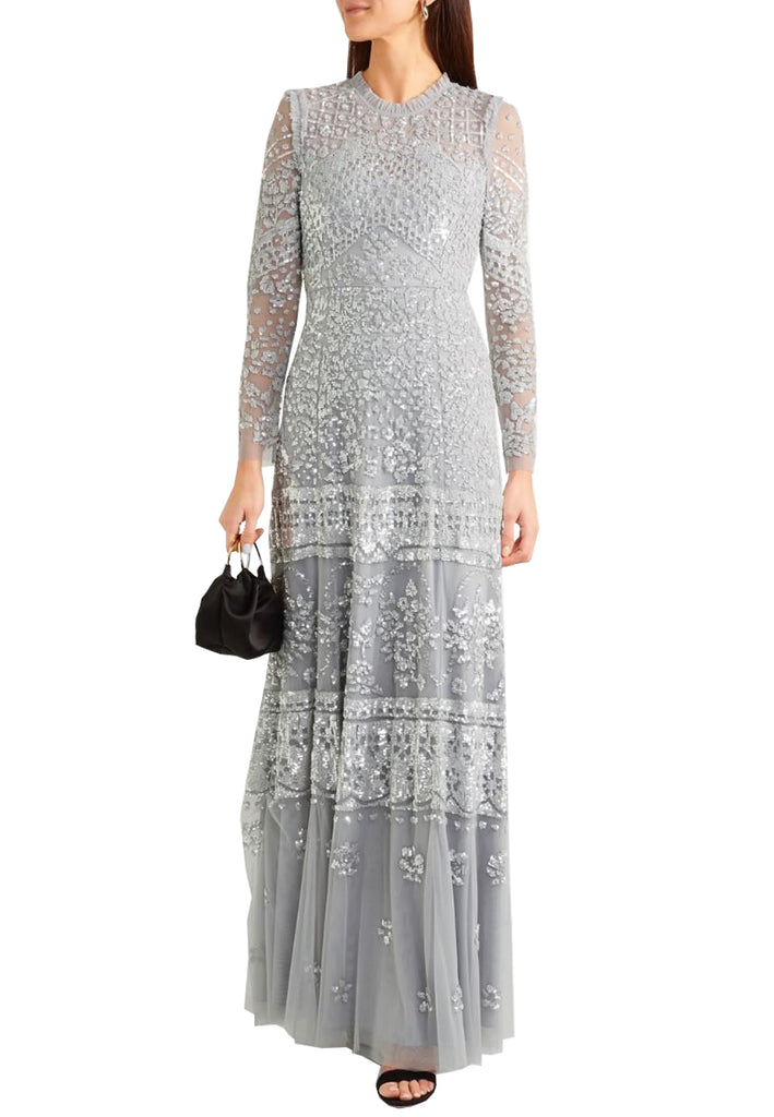 Silvery Blue Aurora Long Sleeves Embellished Gown