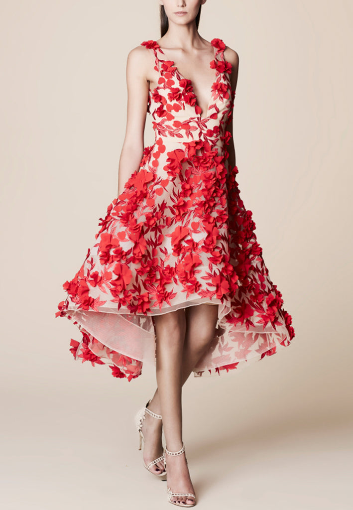 Marchesa Notte Red AppliquǸ Flowers Structured Tulle Midi Dress ¶ð ...
