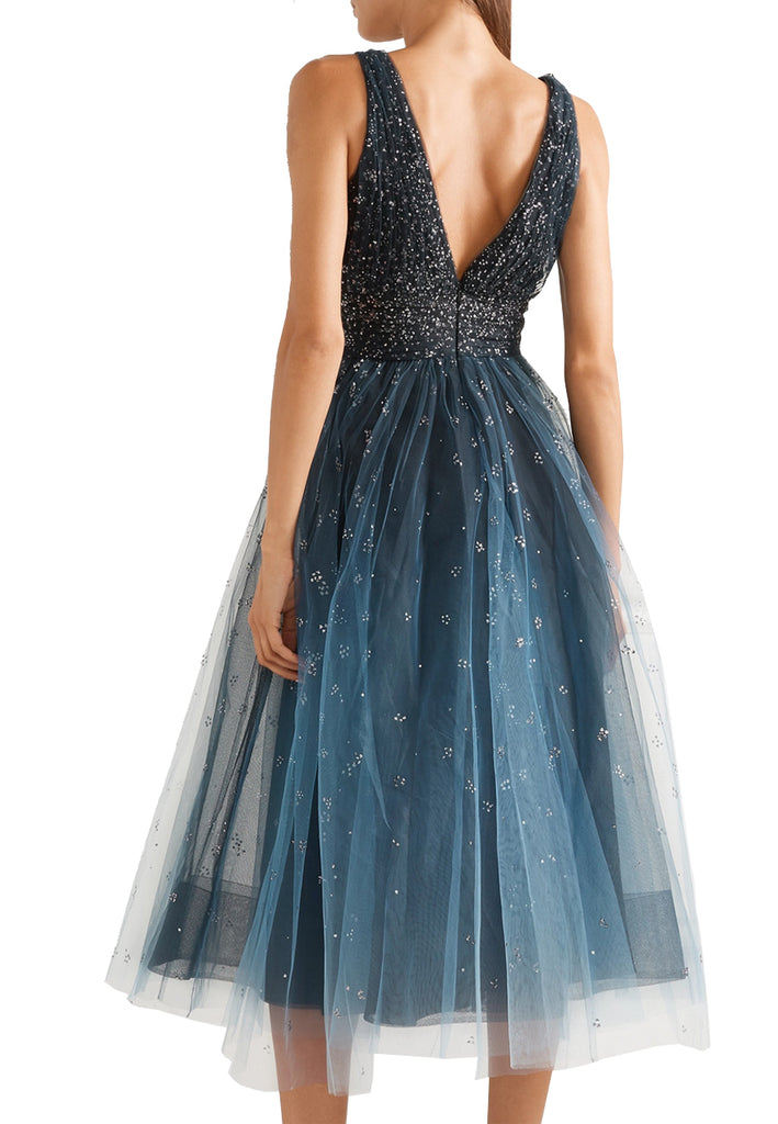 blue tulle midi dress