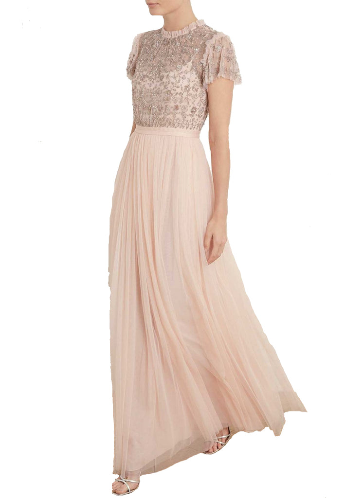 needle & thread embellished long sleeve maxi dress with tulle skirt in rose quartz