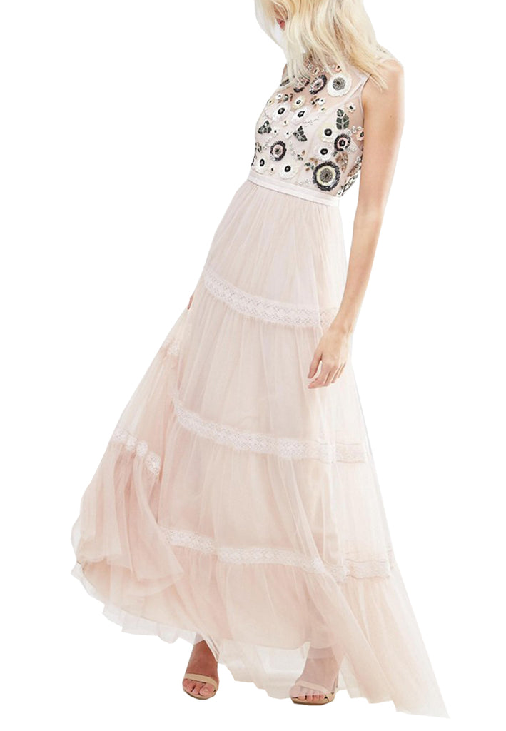 needle & thread embroidered lace tiered maxi dress in ivory