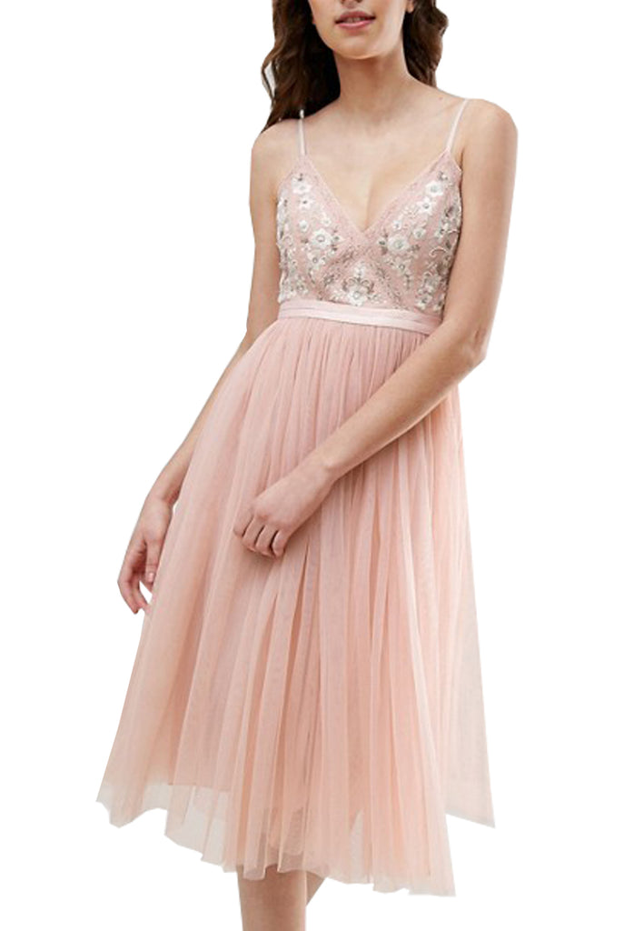 pink tulle midi dress