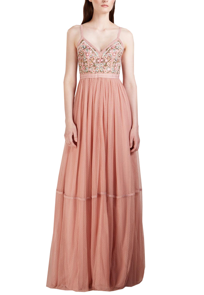 needle & thread embroidered tulle midi dress with cami straps in vintage rose
