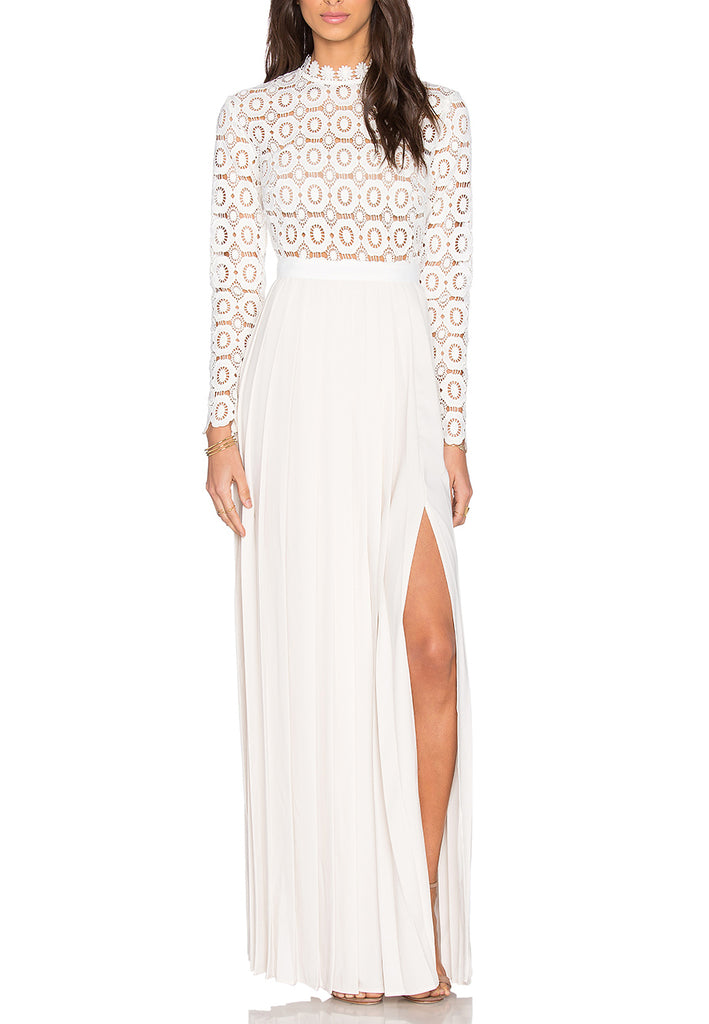 White Pleated Crochet Floral Maxi Dress 