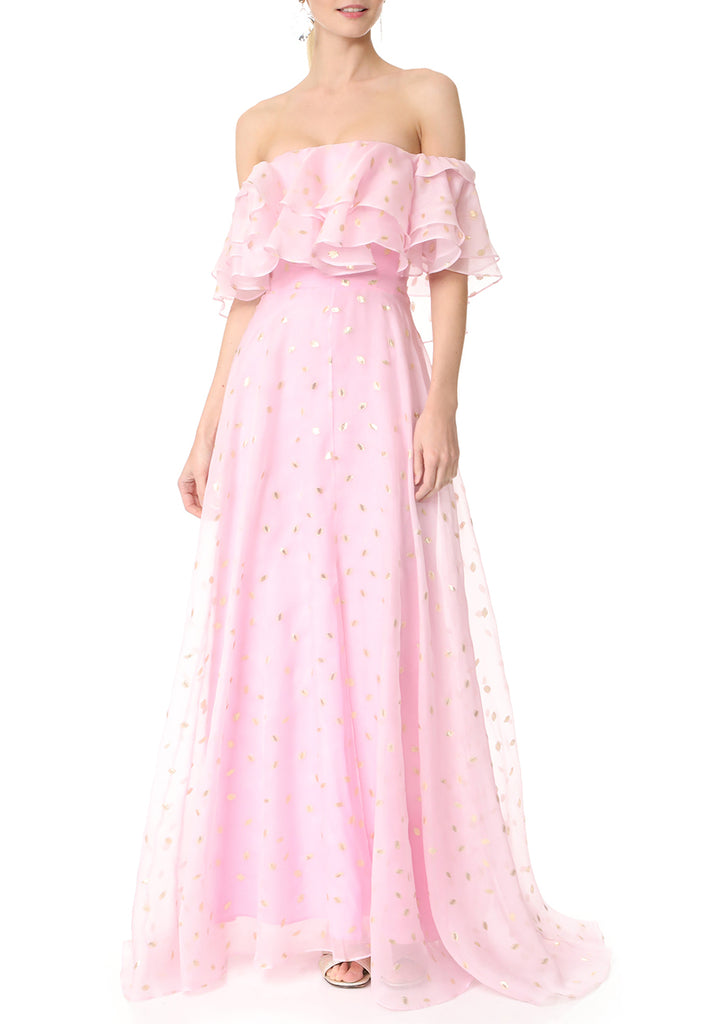 pink polka dot off the shoulder dress