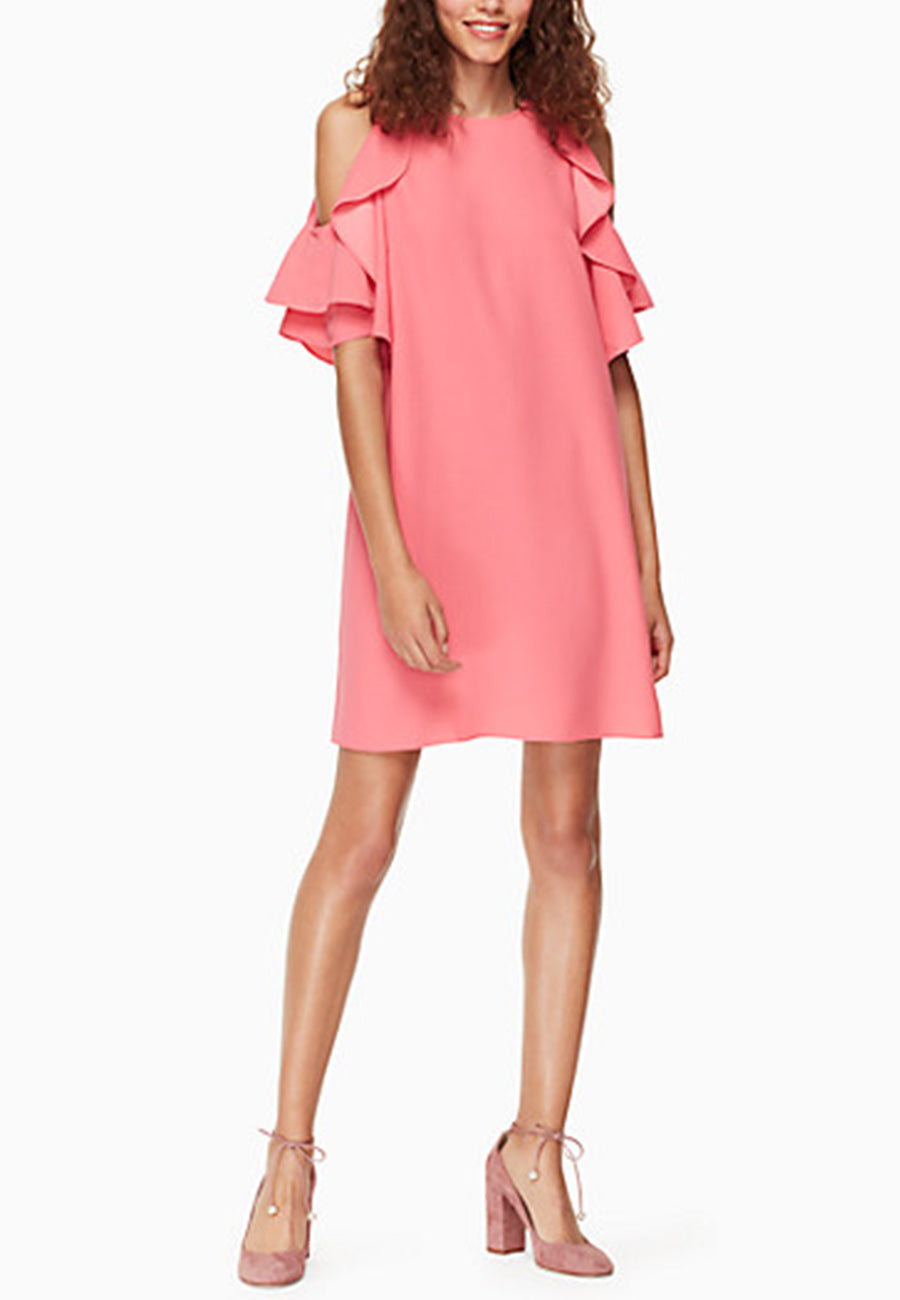 Kate Spade Pink Cold Shoulder Ruffle Crepe Mini Dress 