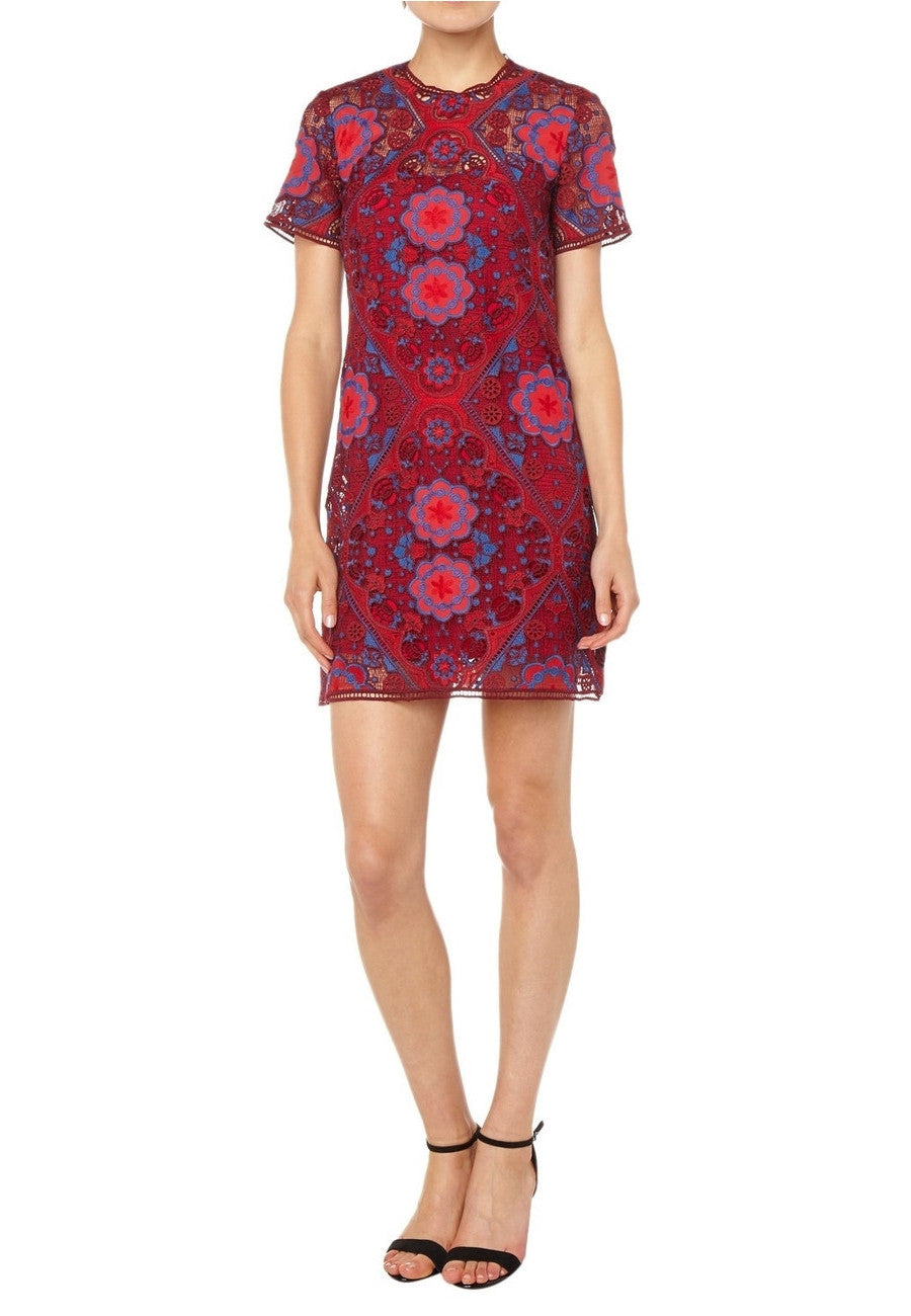 Sandro Red Lys Geometric Lace Mini Dress | Wardrobista.com