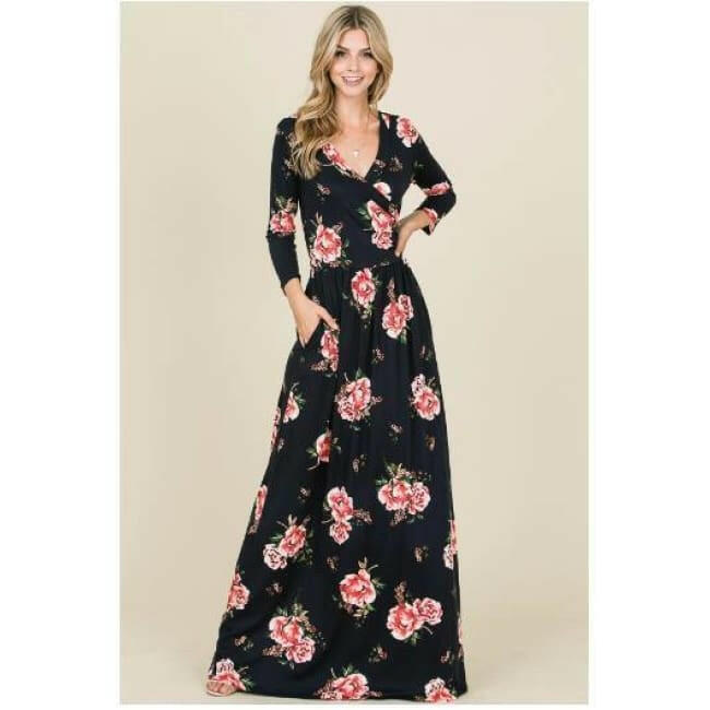 navy floral maxi dress with sleeves