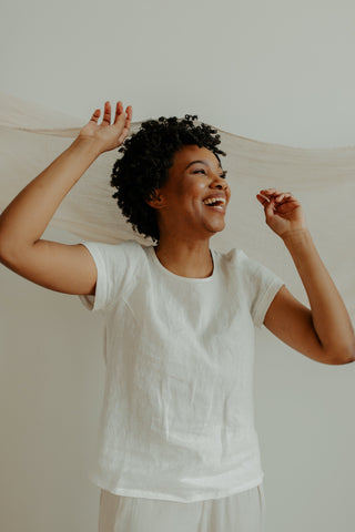 Model Dancing with Naturally Dyed Table Runner by The Lesser Bear Photo by Adrienne Gerber